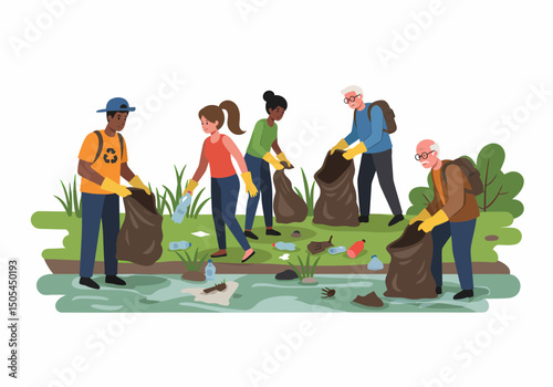 Community Volunteers Cleaning Up a Riverbank with Garbage Bags