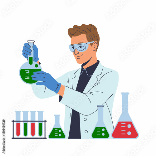 A scientist in a lab coat carefully pours a green liquid from a test tube into a flask, surrounded by other laboratory equipment; concept for scientific research, medical illustration