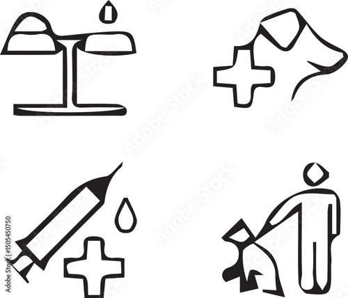 Veterinary Care Icons: Black and white icon set represents diverse aspects of veterinary care, from checkup, injection and pet care.