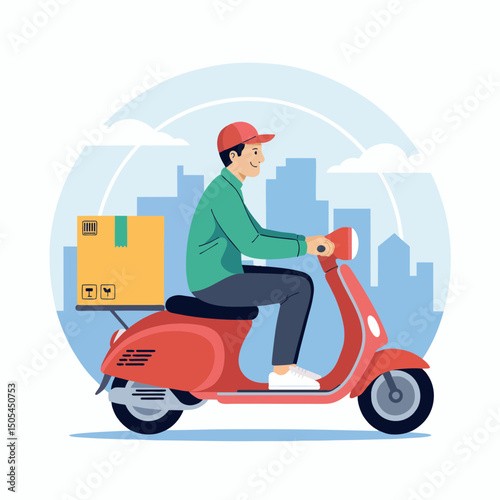 A delivery man riding a red scooter with a cardboard box in the city, concept for delivery service illustration