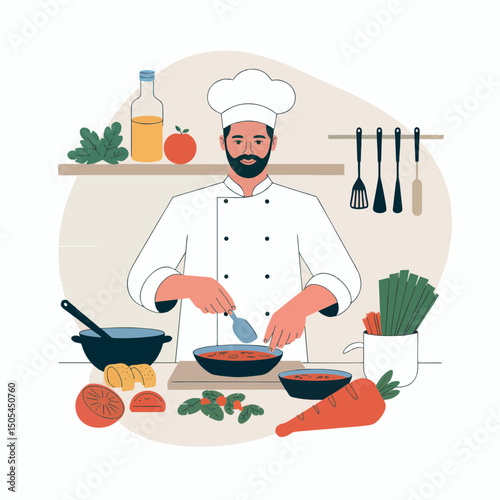 A bearded chef in a white uniform prepares a dish in a kitchen setting with fresh vegetables and herbs, concept for culinary arts, food blogs, and restaurant menus