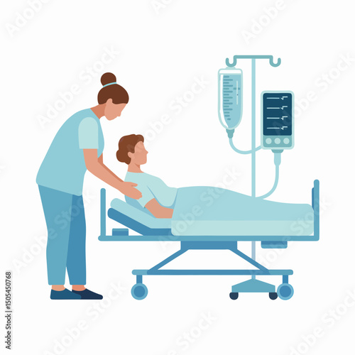 A nurse gently assists a patient lying in a hospital bed with an IV drip and monitor, concept for healthcare, medical illustration, and hospital design