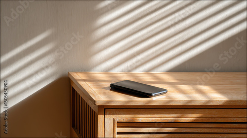 serene morning scene featuring wireless charger on wooden nightstand illuminated by soft morning sunlight