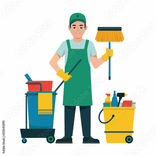 A cartoon illustration of a male janitor holding a mop and cleaning supplies, concept for cleaning service, business, and housekeeping