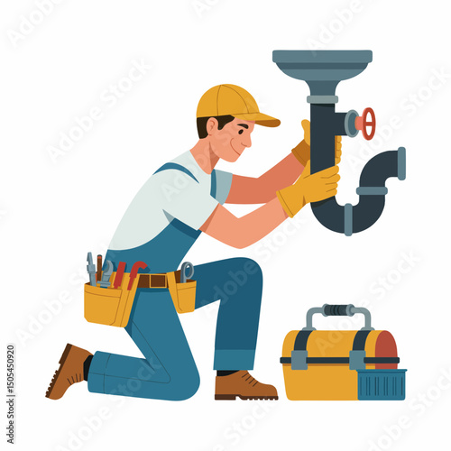 A male plumber kneeling, wearing a yellow cap and blue overalls, meticulously examines a pipe system, concept for plumbing repair service and maintenance