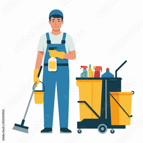 A male janitor holding a cleaning spray bottle and mop, standing next to a cleaning cart filled with various cleaning supplies; concept for cleaning service, housekeeping, and janitorial business
