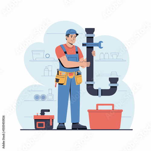 A male plumber holding a pipe in a kitchen setting, concept for plumbing repair services