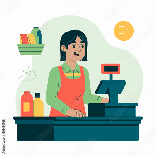 Smiling cashier woman working at a supermarket checkout counter with various products, concept for retail business illustration