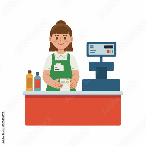 A smiling female cashier holds a receipt at a supermarket checkout counter with bottles on the counter, concept for retail business illustration