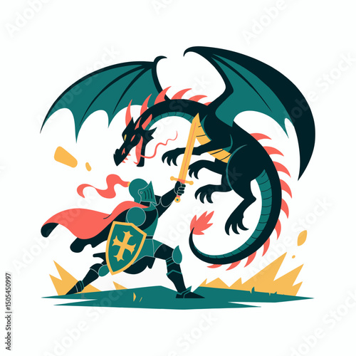 A brave knight in shining armor confronts a fierce dragon with a sword, concept for fantasy illustration, game design, children's book