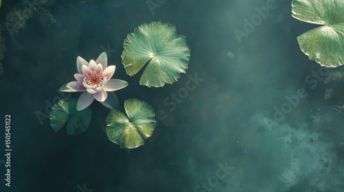 Overhead view of a blooming pale pink lotus flower floating next to a single lily pad in a serene pond