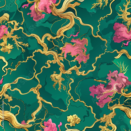  A seamless pattern resembling a regal tapestry, where emerald marble textures intertwine with detailed golden embroidery-style lines, creating a classic and noble abstract background.

