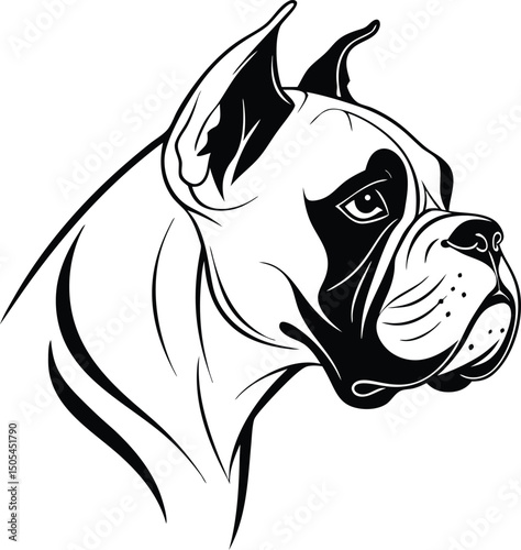 Black and White Boxer Dog Head Vector Illustration