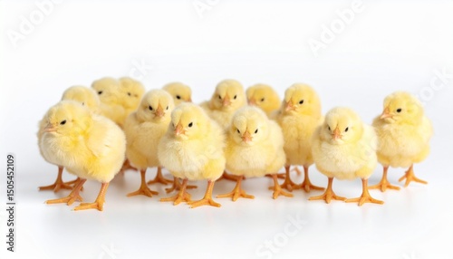 Panorama of brood little yellow chicks isolated on white background. Farm incubator