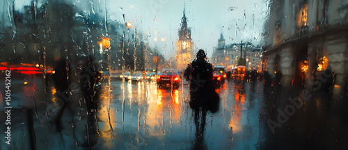 Heavy raindrops completely covering a window intensely blurring the view beyond where the vague shapes of a person and building can barely be discerned through the wet glass photo