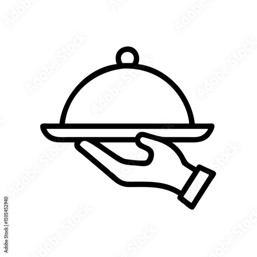 Hand holding a serving tray with a cloche for simple vector linear icon  