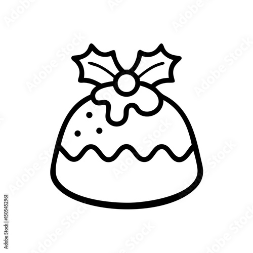 Christmas pudding with holly decoration in simple vector linear icon  