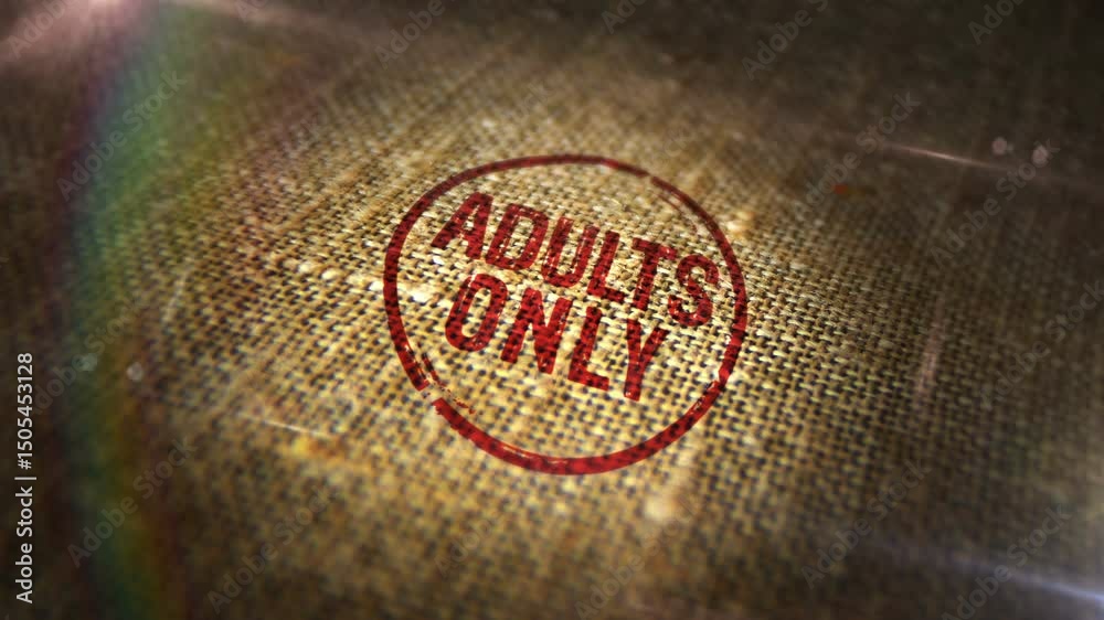Adults only 18 plus age prohibition sign stamp on natural linen sack. Under eighteen restricted 3D  design abstract concept. Looped and seamless animation.