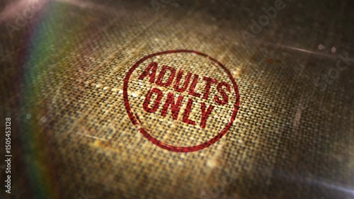 Adults only 18 plus age prohibition sign stamp on natural linen sack. Under eighteen restricted 3D  design abstract concept. Looped and seamless animation.