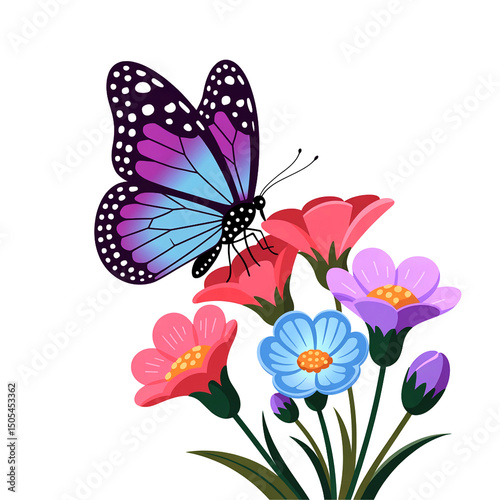 Colorful Butterfly on a Bouquet of Flowers Illustration on Transparent Background