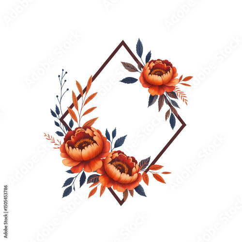 Floral Diamond Frame with Orange Peonies and Leaves on Transparent Background