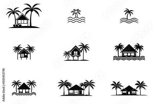 minimalist icon of house on stilts with palm leave  Art & Illustration