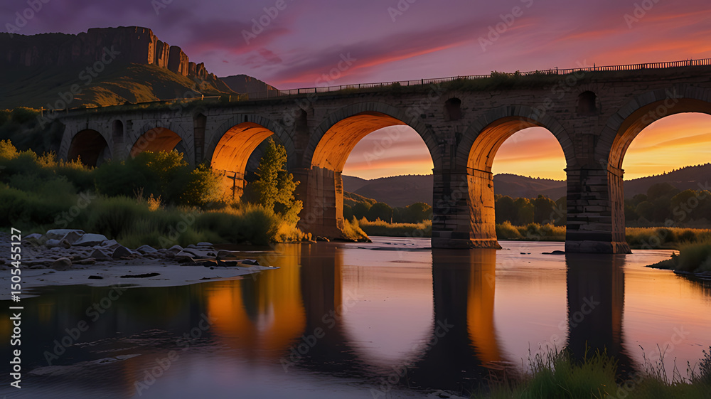 Fototapeta premium Historic stone bridge with arches over a calm river