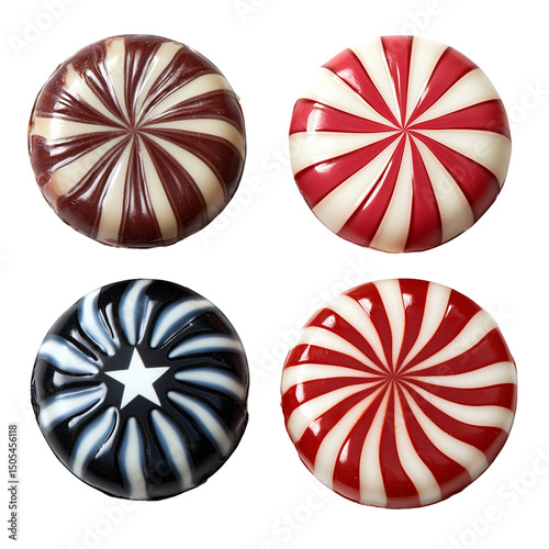 A close up shot of four round candies with swirls and a star on a black background studio shot
