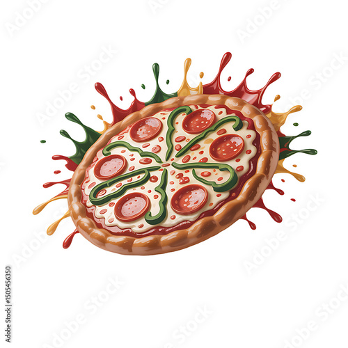 Delicious pepperoni pizza with colorful splash effects appears appetizing on transparent background
