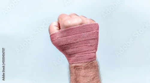 Bandaged fist raised against pale blue background displaying injury support, strength, and the process of healing