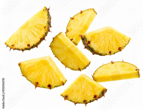 Fresh juicy tropical fruit pineapple flying isolated on white background. Sliced ana 