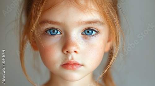 Captivating Close-Up of a Young Girl's Face with Striking Blue Eyes and Freckles, Evoking Innocence and Serenity