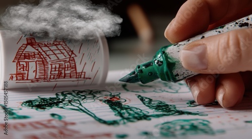 Child's Drawing Under Stormy Weather: Sketch of a House with a Dark Cloud and Hand with Pen