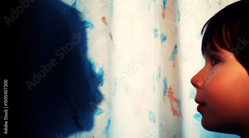 Child Profile Silhouetted by Shadow on Curtain, Evoking Mystery, Imagination, and Childhood Wonders