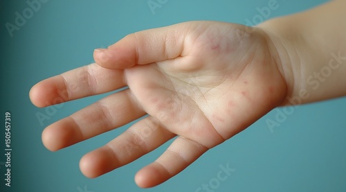 A child's small hand with visible bruises, close-up detailing skin texture, and subtle imperfections against a plain teal background