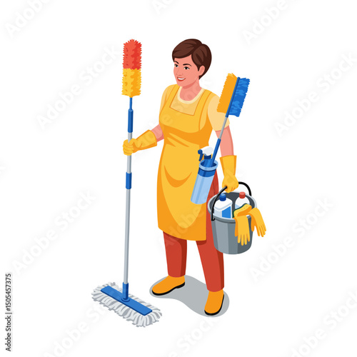 Isometric illustration of a female cleaner holding cleaning tools and equipment, concept for cleaning service business and advertising