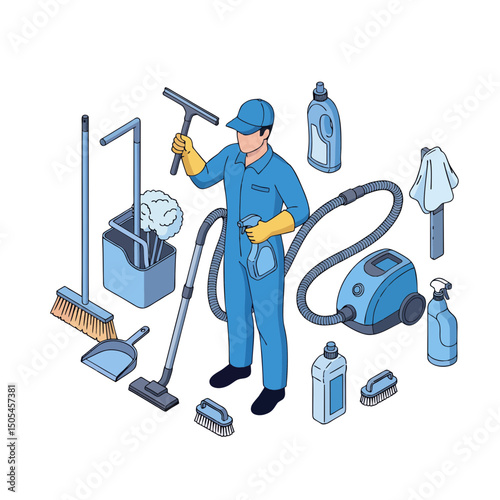 Isometric illustration of a cleaner with various cleaning tools and equipment on a white background, concept for cleaning service, business, and industry