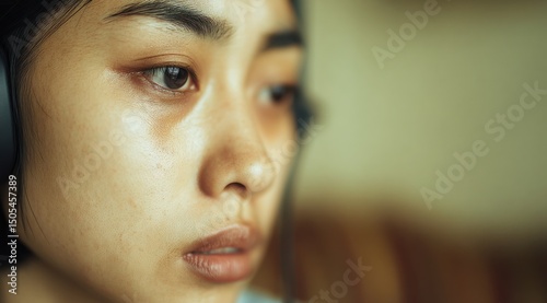 Asian woman's introspective portrait with a downcast gaze and subtle emotion