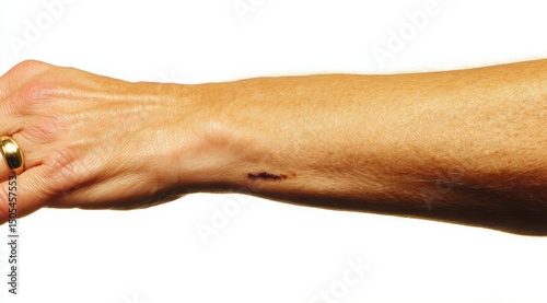 Arm and Hand Gently Touching A Faint Scar on An Arm Hinting at Resilience, and the Wear and Tear Life Inflicts
