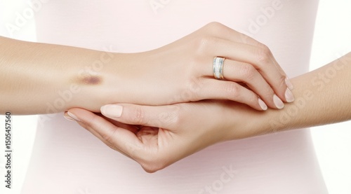Gentle touch on arm with faint bruise, wellness and skin sensitivity