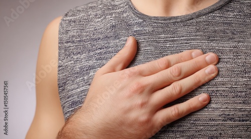 Hand resting protectively on chest in sleeveless shirt against gray background, close-up.