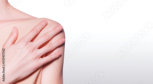 Close-up of fair-skinned woman's shoulder and chest, with hand resting gently for skincare, protection, or health concept.
