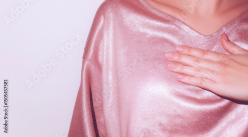 Hand Resting Protectively Over the Chest - Close-up of Female in Pink Satin Shirt