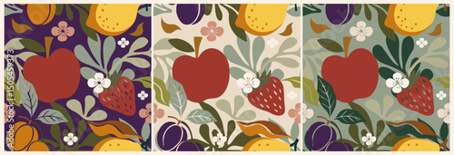 Seamless vector pattern with apples, strawberries, lemons, plums, and leaves in retro mid-century modern style. Colorful fruit background in flat vintage palette, ideal for textiles and decor.
