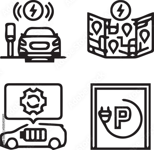 Electric Vehicle Icons: A collection of crisp, clean icons illustrating the future of electric vehicles and charging infrastructure, promoting a sustainable and innovative approach to transport.