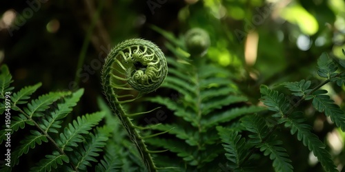 New fern fiddleheads unfurl among mature fronds, revealing spiral patterns and fresh green hues in a tranquil forest understory at dawn. photo