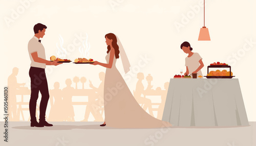Wedding planner coordinating catering at joyful celebration, event planning