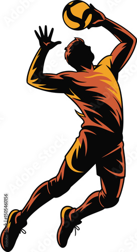 Volleyball Player in Dynamic Action Silhouette, Orange and Black, Jumping to Spike Ball