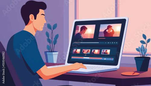 Videographer focused on editing footage on laptop, creative process
