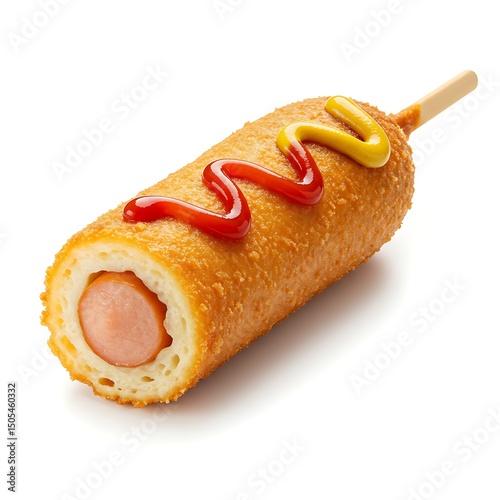 japanese corn dog (american dog) with ketchup and mustard , isolated on white background